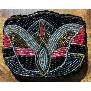 Beautiful Vintage Hand Beaded Coin Purse Zip Up Black Amber Multicolor